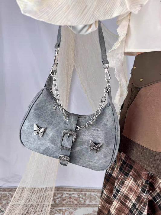 Silver Butterfly Y2K Grey Gray Leather Chain Handbag Bag