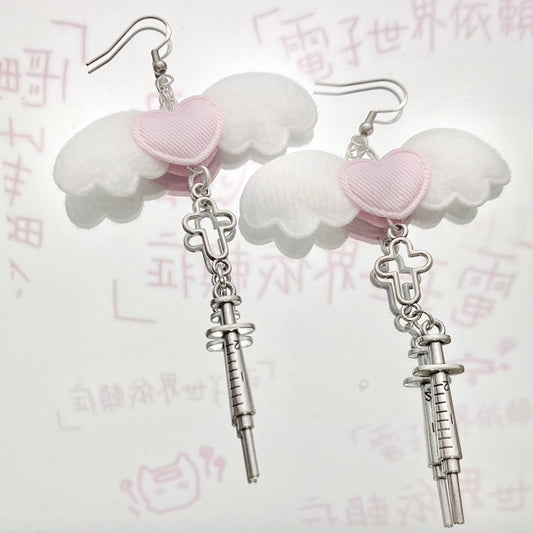 Harajuku Idol Anime Girl Sweet Pink Blue Heart Angel Wings Silver Cross Syringe Earrings