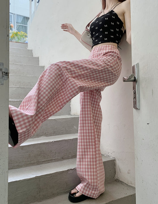 Pink Plaid Women Cool Hot Summer High Waist Loose Straight Tube Wide Leg Trousers Casual Pants