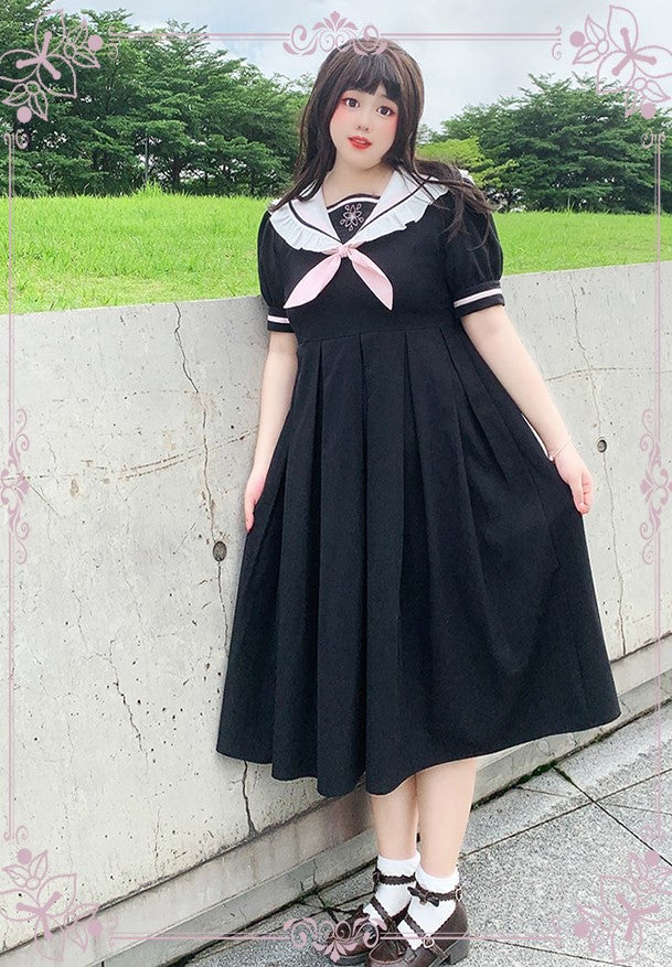Plus Size Sailor Collar Sakura Bow Black Summer Dress Sugarplum Store Plus Size Sailor Collar Sakura Bow Black Summer Dress Sugarplum Store