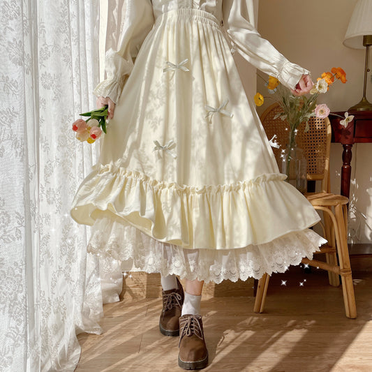 Fall Autumn Mori Girl White Cream Bow Long Elastic Gathered Waist Skirt