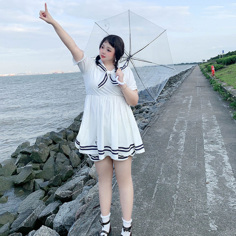 Plus Size Sailor Collar White Navy Blue Summer Dress Shorts Two Piece – Sugarplum Store Plus Size Sailor Collar White Navy Blue Summer Dress Shorts Two Piece – Sugarplum Store