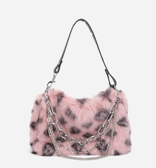 Classic Style Fluffy Fur Plush Leopard Pattern Pink Brown White Shoulder Messenger Bag
