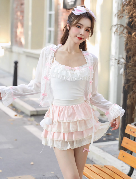 Sweetheart Princess Coquette Sweet White Pink Bow See Through Cardigan Jacket Tank Top Skirt Three Piece Set