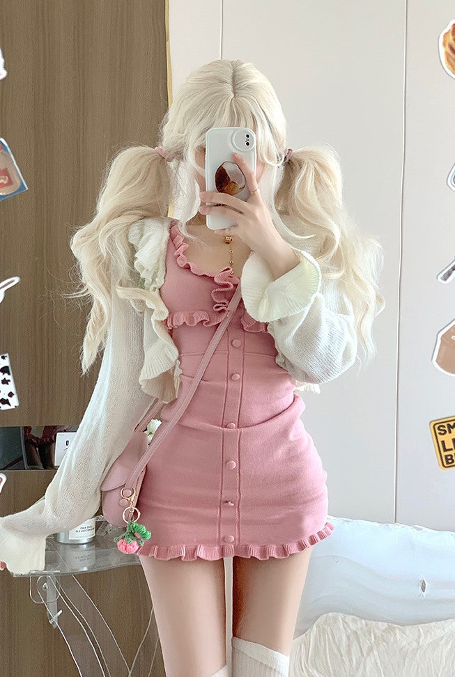 Serendipity Pink Ruffle Dress White Strawberry Cardigan Two Piece Set Sugarplum Store Serendipity Pink Ruffle Dress White Strawberry Cardigan Two Piece Set Sugarplum Store