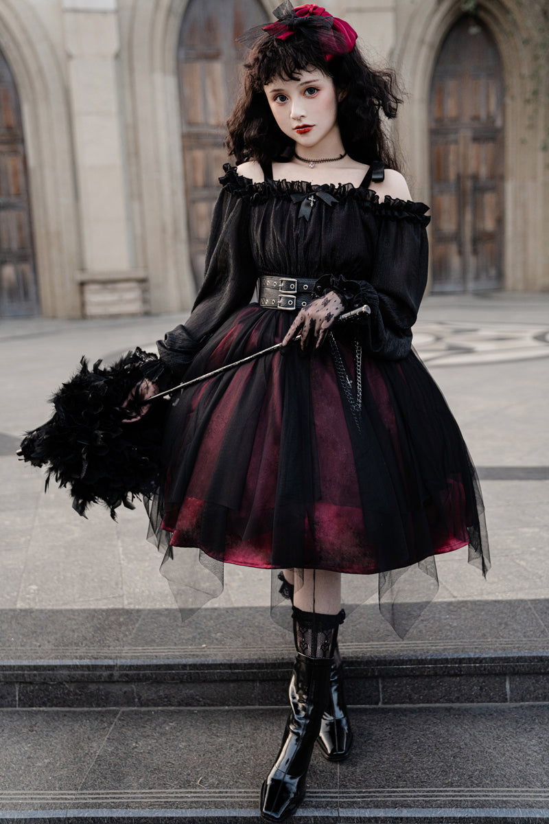 women's dark red and black off the shoulder dress gothic Allegra Bardot Flocked Mini Disturbia The elegant lace detailing and intricate patterns ensure a sophisticated yet edgy look Gothic Off Shoulder Wave Dress