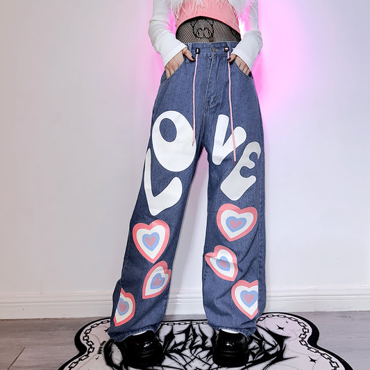 Love Heart Print Hiphop Y2K Hot Girls Women Retro Trendy Street Style Trousers Loose Wide Pants Denim Jeans