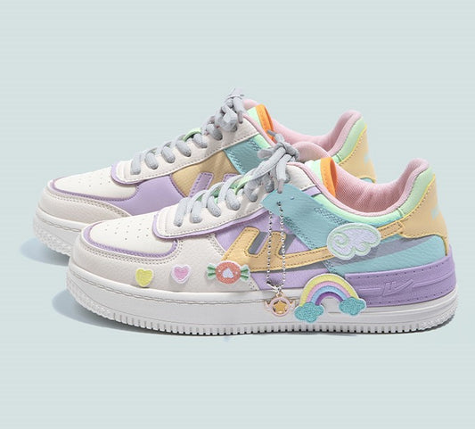 Macaron Candy Rainbow Stickers Japanese Causal Girl Sweet Cute Pink White Women Sneakers Sports Running Shoes