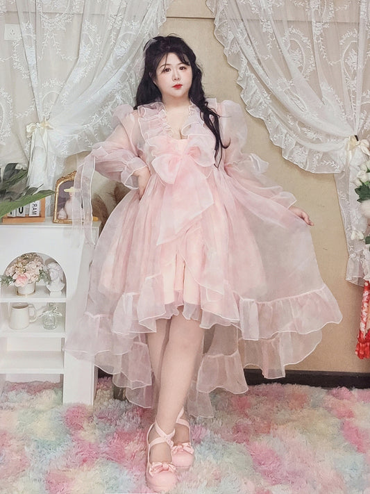 Plus Size Women Dream Roselle Rose Princess Elegant Evening Party Pink Strap Dress & Long Robe Cardigan Two Piece Set