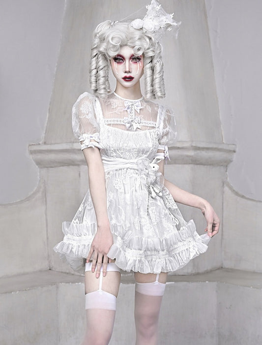 The White Doll Bunny Chiffon High Waist Puff Sleeve Dress