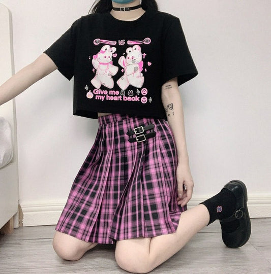 Give me my heart back Rabbit Bunny Black Pink Streetwear E-girl Grunge Japanese Y2K Print Short Sleeve Oversize T-shirt Tees Top