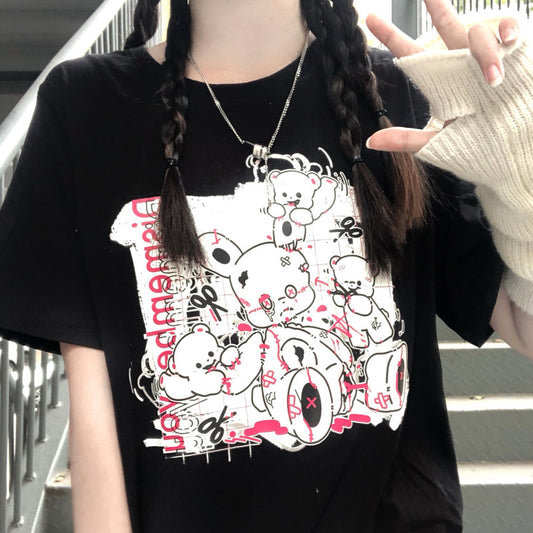 Dismember Teddy Bear Black Streetwear E-girl Grunge Japanese Y2K Print Cotton Short Sleeved Oversize T-shirt Tees Top