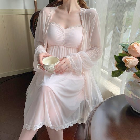 Elegant Fairy Soft Sensual Sexy Women Lace Pink & Yellow Pajamas Nightdress Nightgown Robe Strap Dress Two Piece Set
