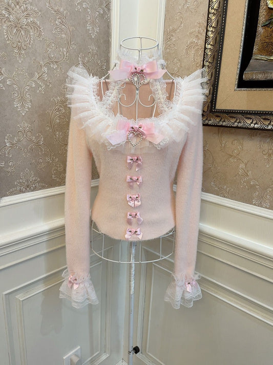 Pretty Girl Sweet Vintage Pastel Pink Rose Bow Sweater