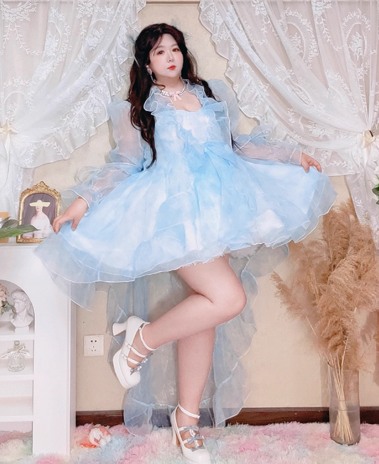 Plus Size Women Dream Roselle Rose Princess Elegant Evening Party Blue Strap Dress & Long Robe Cardigan Two Piece Set