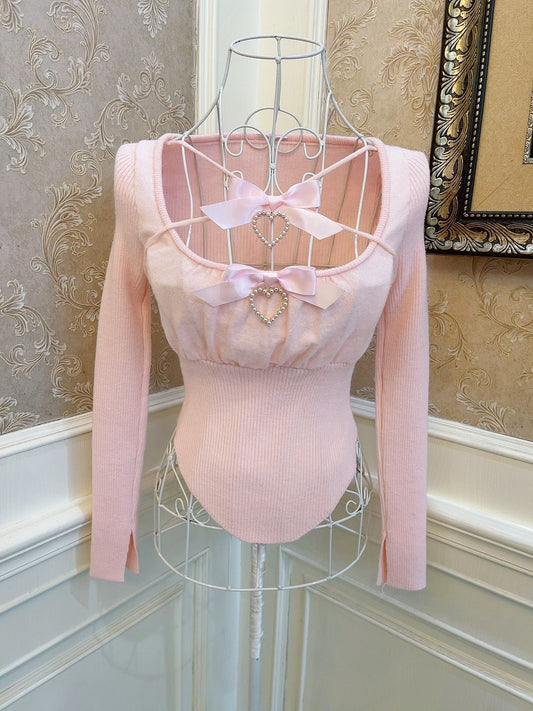 Sweetheart Princess Cross Bow Halter Top Long Sleeve Blue White Pink Red Sweater Top