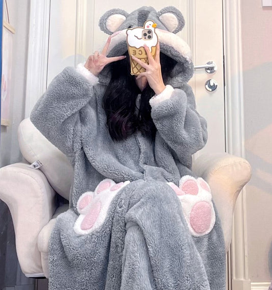 Gray Hamster Paw Cute Cartoon Women Girl Thick Plush Coral Fleece Warm Winter Pajamas Sleepwear Hooded Nightgown Coat & Pants Two Piece Set