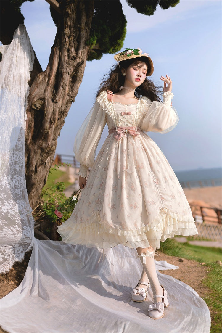 Fairytale Classic Flower Floral Pattern White Cream Pink Dress – Sugarplum Store