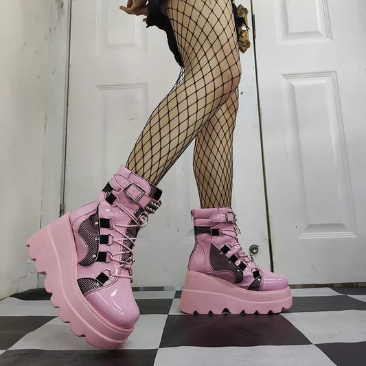 Sexy Cool Chic Women Black Pink Lace Wedge Plantform Boots
