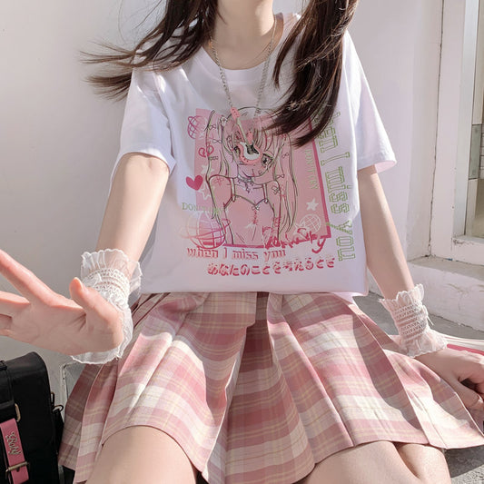 When I Miss You Anime Girl Streetwear E-girl Grunge Japanese Y2K Print Cotton White Short Sleeved Oversize T-shirt Tees Top