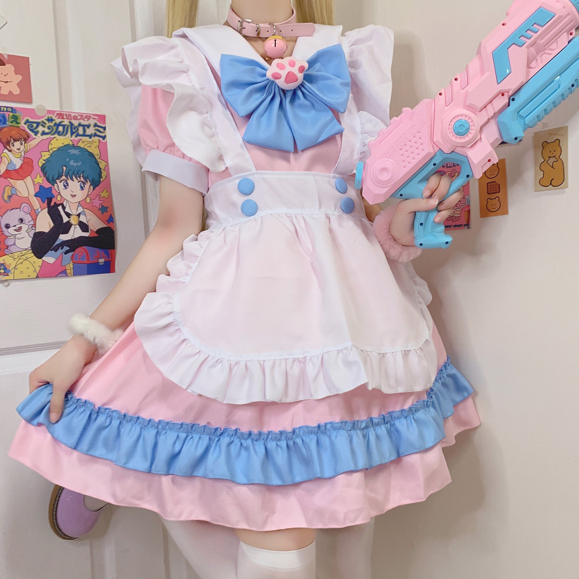 blue maiden dress Serendipity Cat Claw Bow White Apron Blue Pink Maid Dress – Sugarplum Store