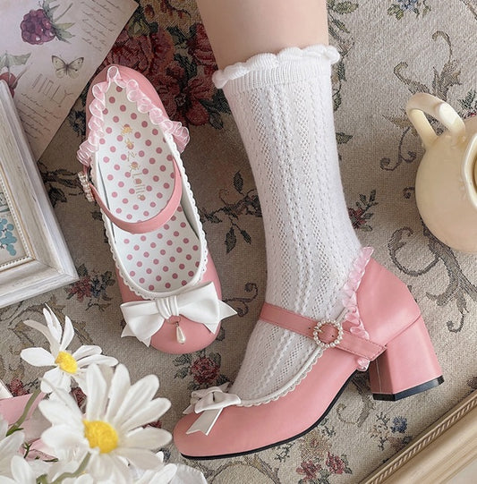 Japanese Harajuku Gothic Princess Sweet Cute Girl Bow Mary Jane Lace Black Pink White Red Leather High Heels Shoes