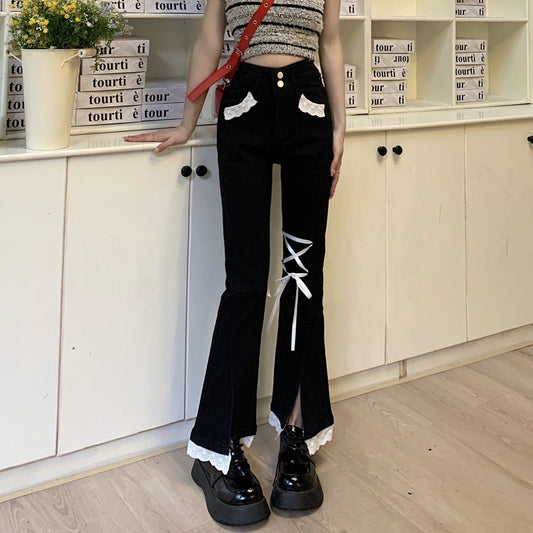 Sexy Summer Fashion Women Lace Ribbon Blue & Black High Waist Boot Cut Denim Jeans