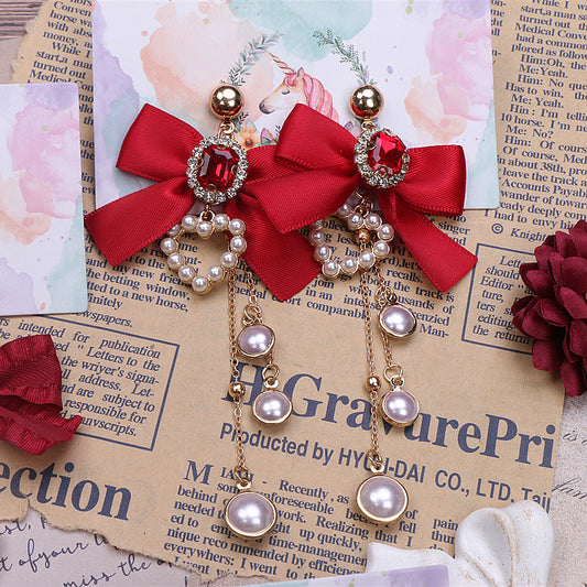 Ruby Gem Pearl Heart Love Tassel Jewelry Diamond Classic Burgundy Scarlet Red Bow Fairy Tales Princess Earrings