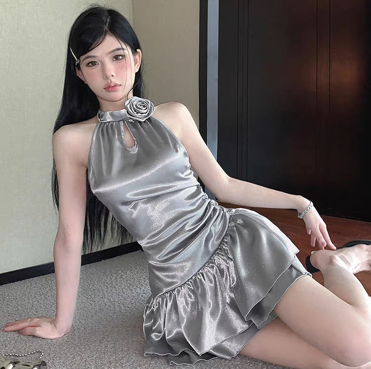 sexy silver dress Spaghetti Strap V Neck Prom Dresses with Slit Cheap Formal ARD1738 Crafted from luxurious satin Flower Halter Neck Collar Silver