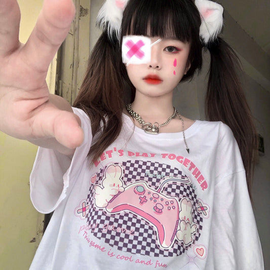 Let's Play Together Bunny Rabbit Gamer Black White Streetwear E-girl Grunge Japanese Y2K Print Cotton Short Sleeved Oversize T-shirt Tees Top
