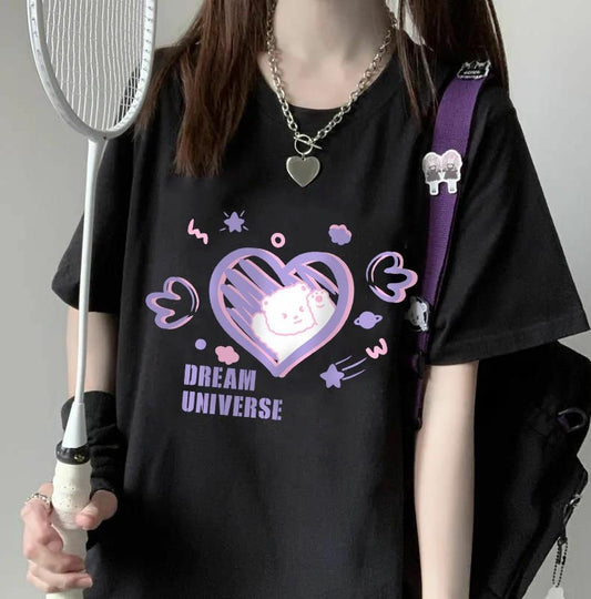 Bear Dream Universe Black White Purple Streetwear E-girl Grunge Japanese Y2K Print Cotton Short Sleeved Oversize T-shirt Tees Top