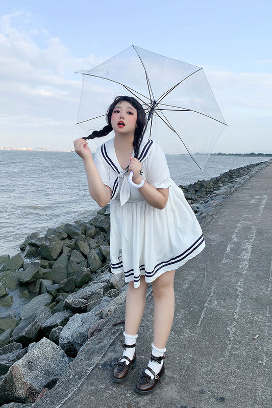 Plus Size Women Cute Girl Sailor Collar White Navy Blue Summer Dress Bottoms Two Piece Set
