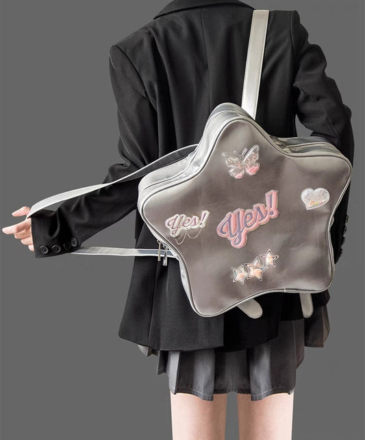 Y2K Star Laser Black Pink Silver Leather Bag Chain Shoulder Backpack