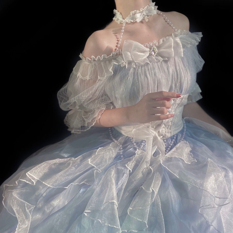 Cinderella Layered Lace Pearl Bow Blue White Dress M Cinderella Layered Lace Pearl Bow Blue White Dress M