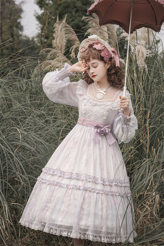 Japanese Bow Lace Princess Fairytale Classic Pearl Rose Flower Floral Pattern White Purple Violet Lilac Long Sleeve Dress