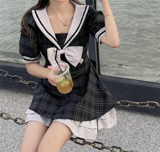 Plus Size Women Summer Sailor Collar Girl Cute Bow Fashion Short Sleeve Plaid Black Dress
