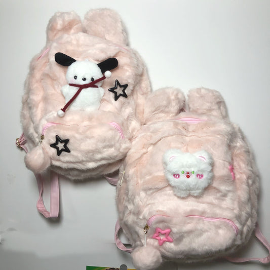 Y2K Bear Pochacco Sanrio Doll Plush Fluff Cute Mini School Backpack Bag
