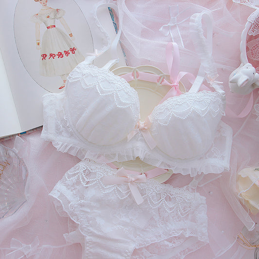 European French Lace Pink White Bow Flower Floral Nature Star Girl Fashion Undies Underwear Two Piece Lingerie Set