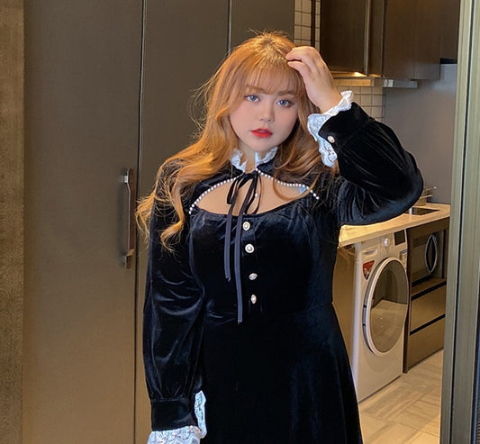 Plus Size Women Retro Style Velvet Lace Party Little Black Dress