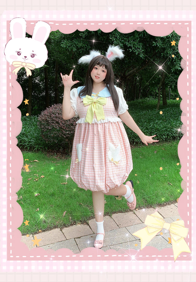 Plus Size Women Plaid Farm Bow Rabbit Bunny Cottagecore Pastel Dress Plus Size Women Plaid Farm Bow Rabbit Bunny Cottagecore Pastel Dress