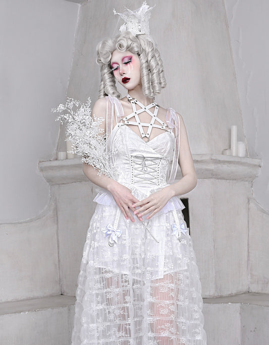 The White Doll Jacquard Lace Bow Pentagram Strap Dress