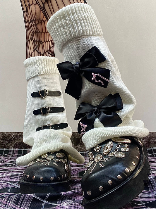 Y2K Classic Pink Black Bow Knitted White Leg Warmer