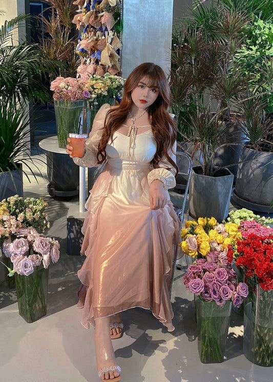 Plus Size Women French Luxury Elegant Lotus Petal Flowers Gradient Strap Dress & Cardigan Two Piece Set