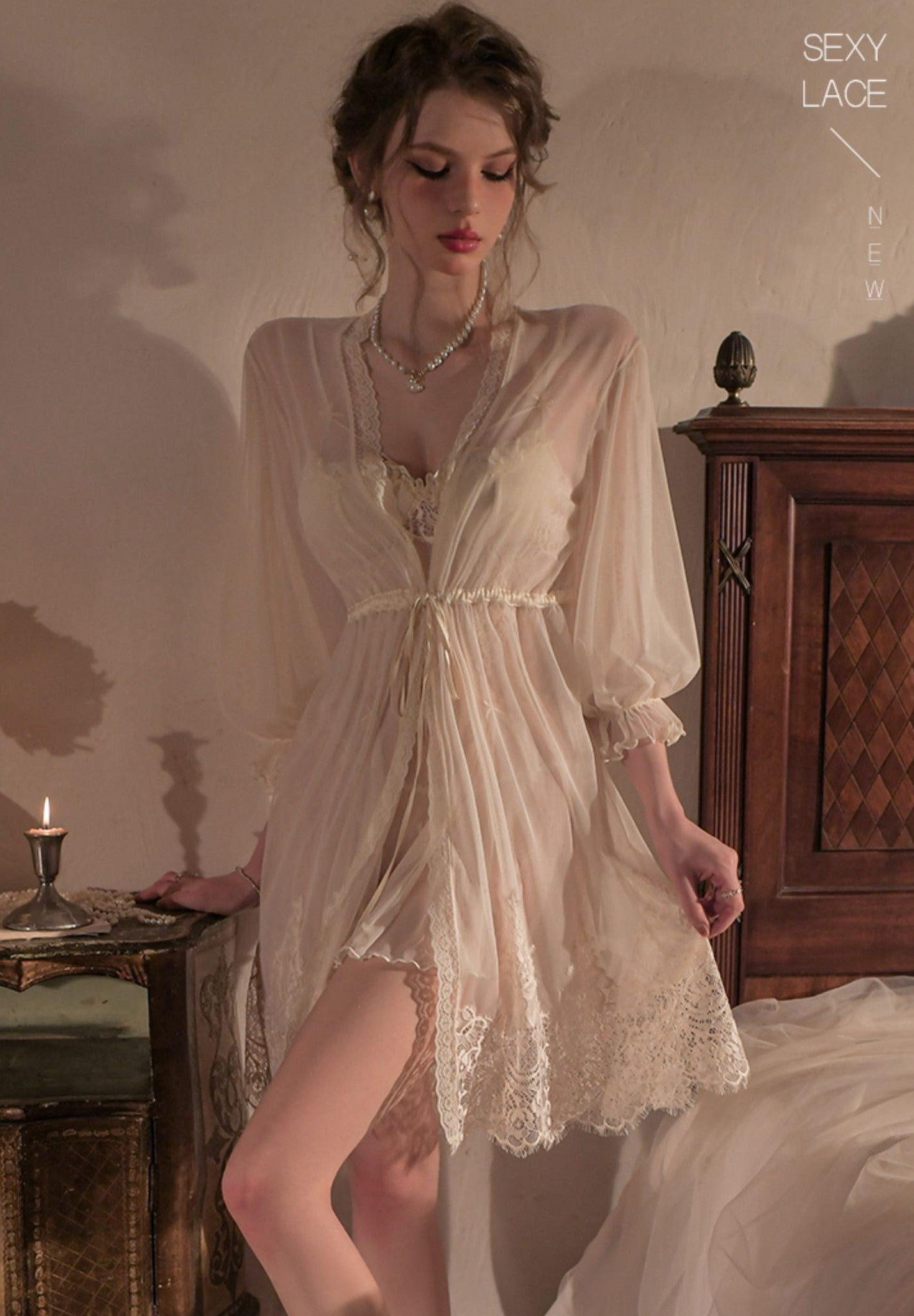 Lace See Through Black White Lingerie Nightdress Robe – Sugarplum Store