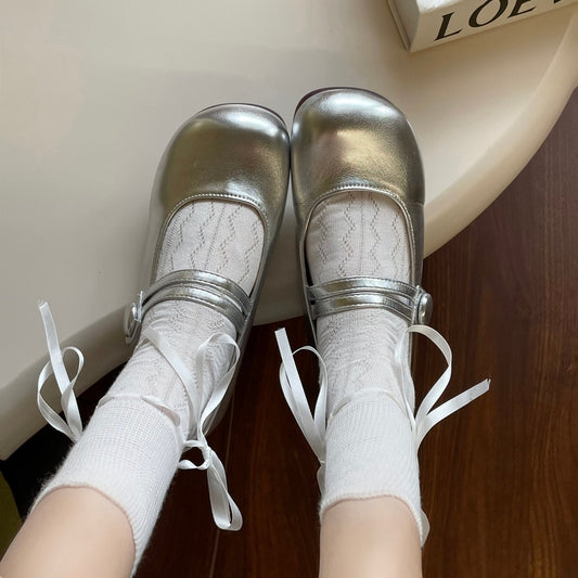 Balletcore Coquette Silver White Black Cute Leather Slipper Mary Jane Flat Shoes