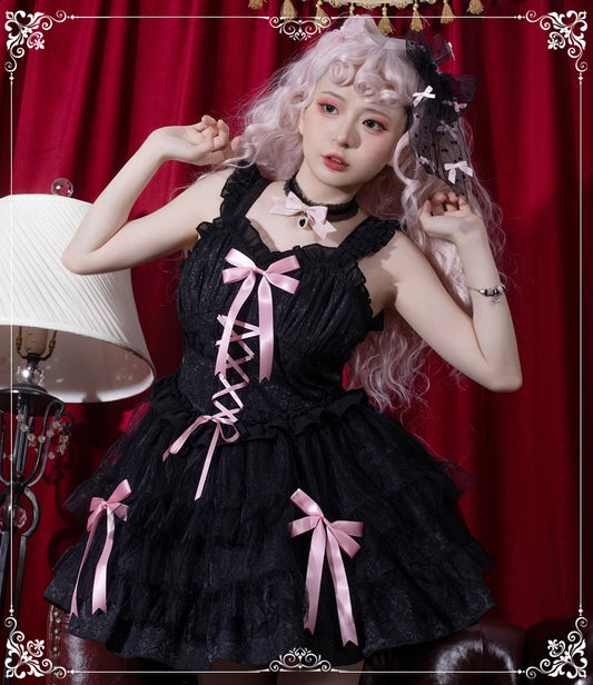 Love Overture Black Pink Bow Princess Strap Dress & Long Sleeve Dress
