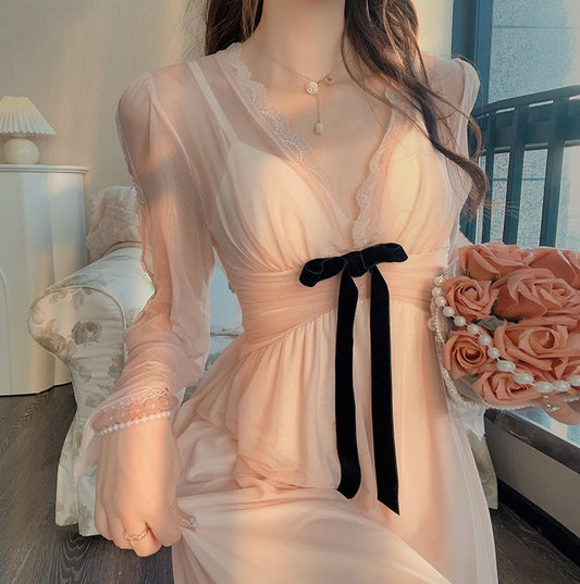 Pure Desire Sexy Lace Thin Loose Pink & White V Neck Strap Nightdress & Robe Two Piece Set Pajamas Sleepwear Nightgown