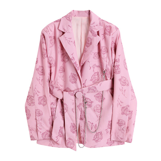 Chain Metal Rose Pattern Spring Autumn Fall Winter Fashion Retro Vintage Classic Pink Jacket Suit