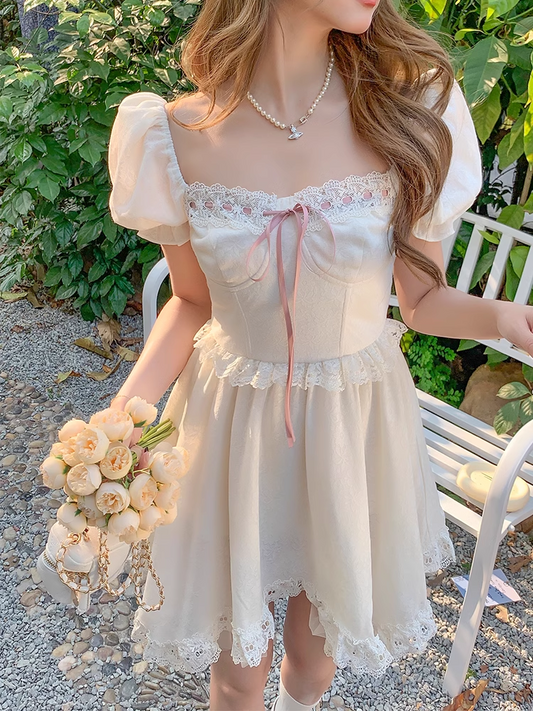Little Princess Pink Bow White Spring Summer Sweet Girl Coquette Cottagecore Puff Sleeve Dress