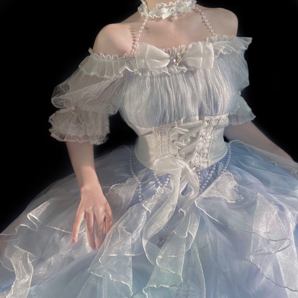 Cinderella Layered Lace Pearl Bow Blue White Dress – Sugarplum Store